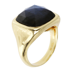 Anello Chevalier Quadrato con Superficie Martellata in Argento 925 placcato Oro Giallo 18Kt con Labradorite