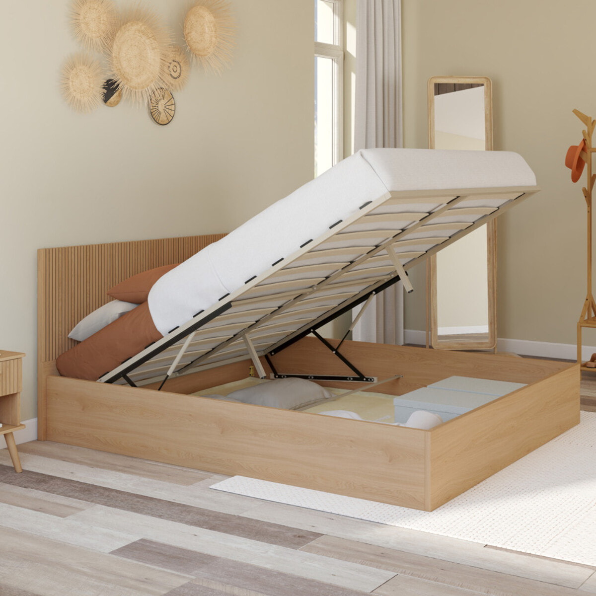 Lit coffre Faustine 160x200cm tête de lit lattes