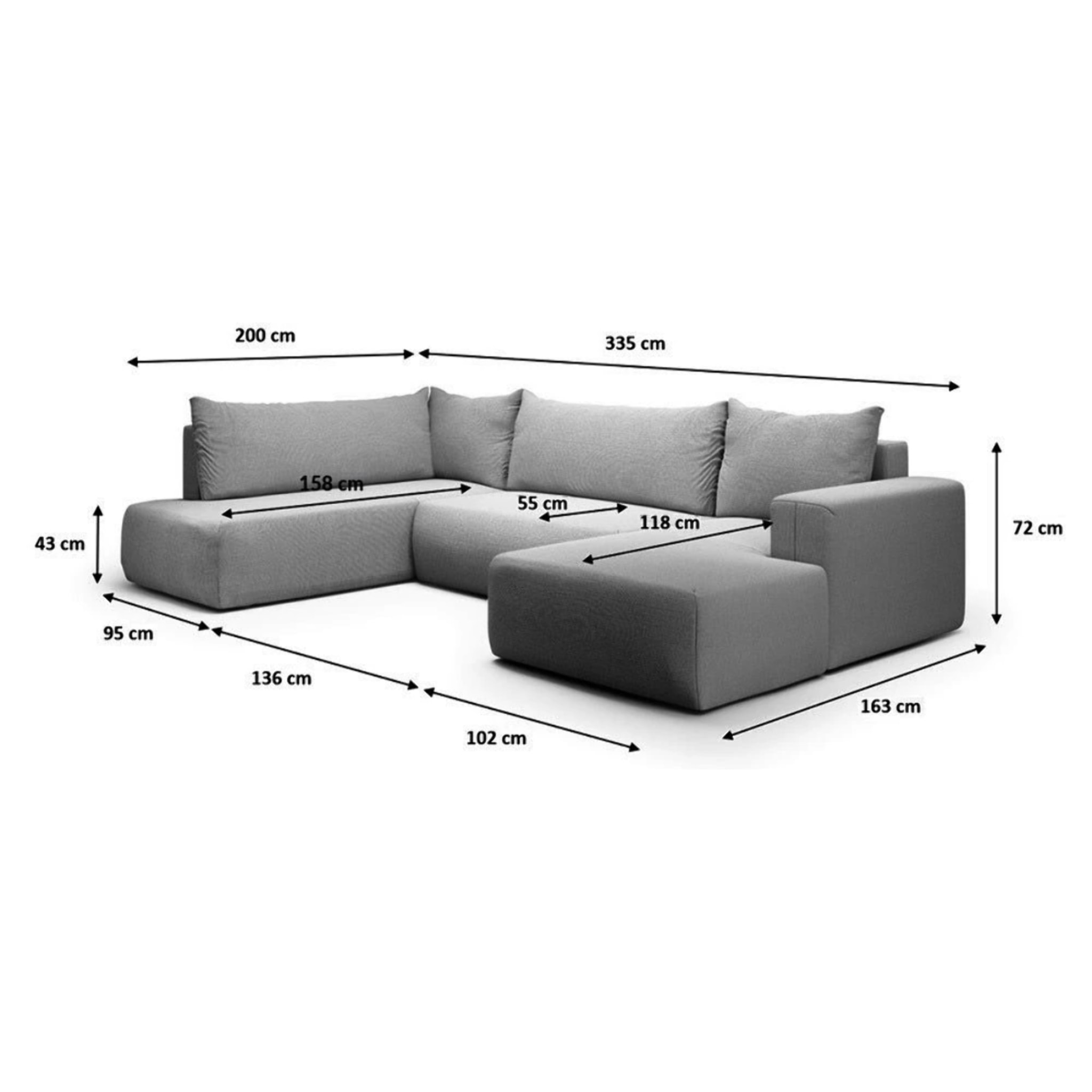 NALA - Canapé panoramique gauche 5 places en tissu gris clair