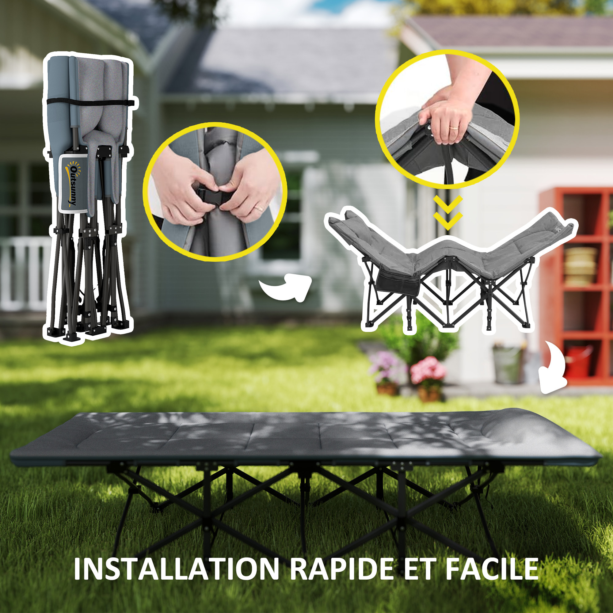 Lit de camp pliable matelassé grand confort tétière intégré - poche latérale rangement - gris