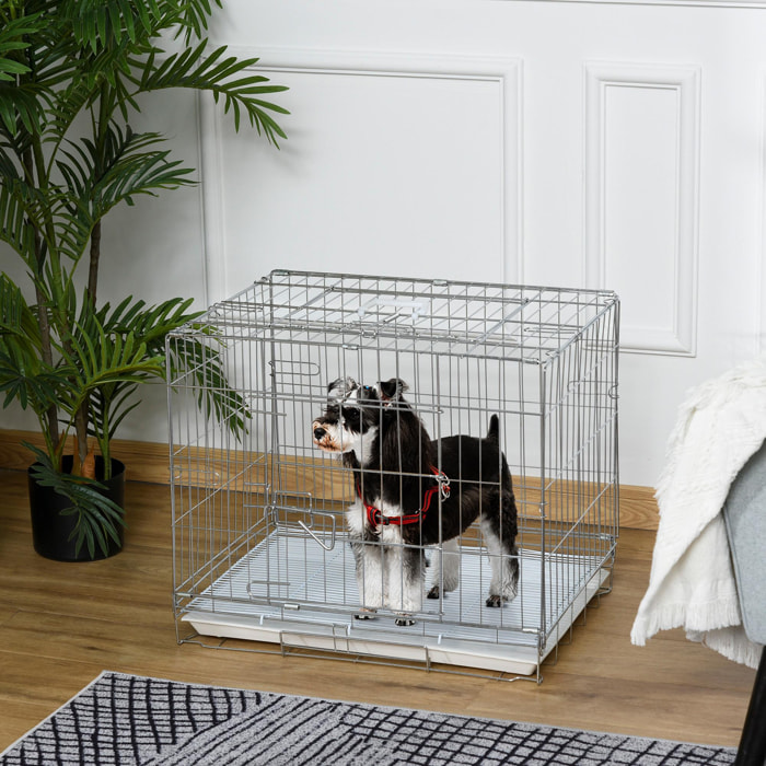 Cage pour chien pliable - plateau excrément coulissant - 2 portes verrouillable, poignée - dim. 61L x 43l x 50H cm - fer galvanisé PP blanc