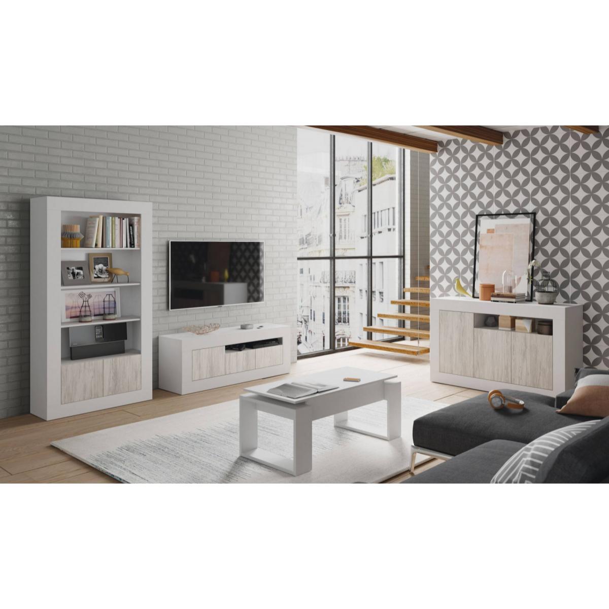 Mobile porta TV Killeen, Credenza per televisione da soggiorno, Supporto TV a 2 ante, cm 139x42h53, Rovere e Bianco