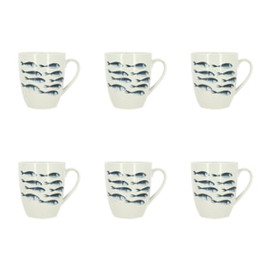Lot de 6 mugs 36cl en porcelaine blanc et motif poisson PESCARE