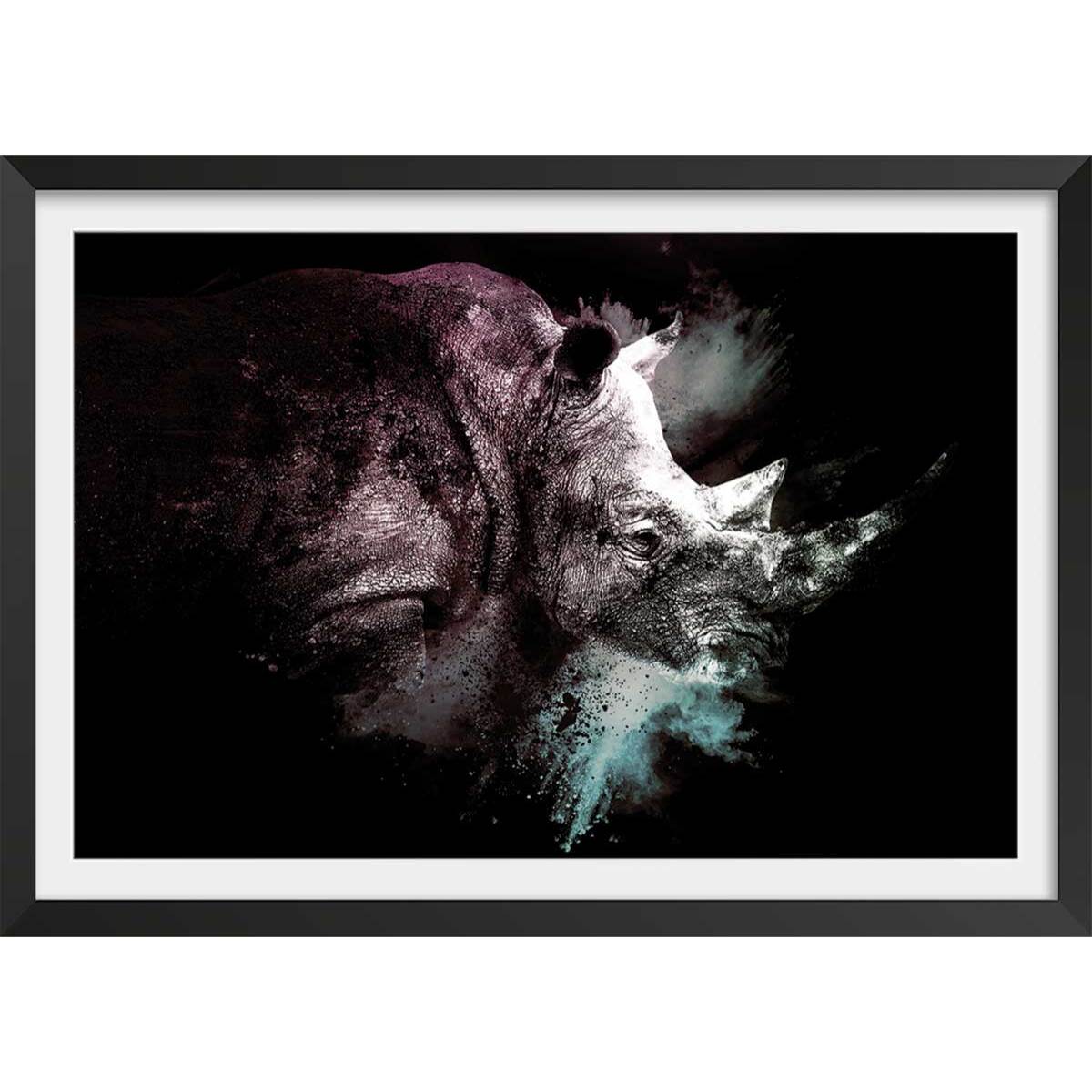 Affiche wild explosion rhinoceros Affiche + cadre en bois - Noir