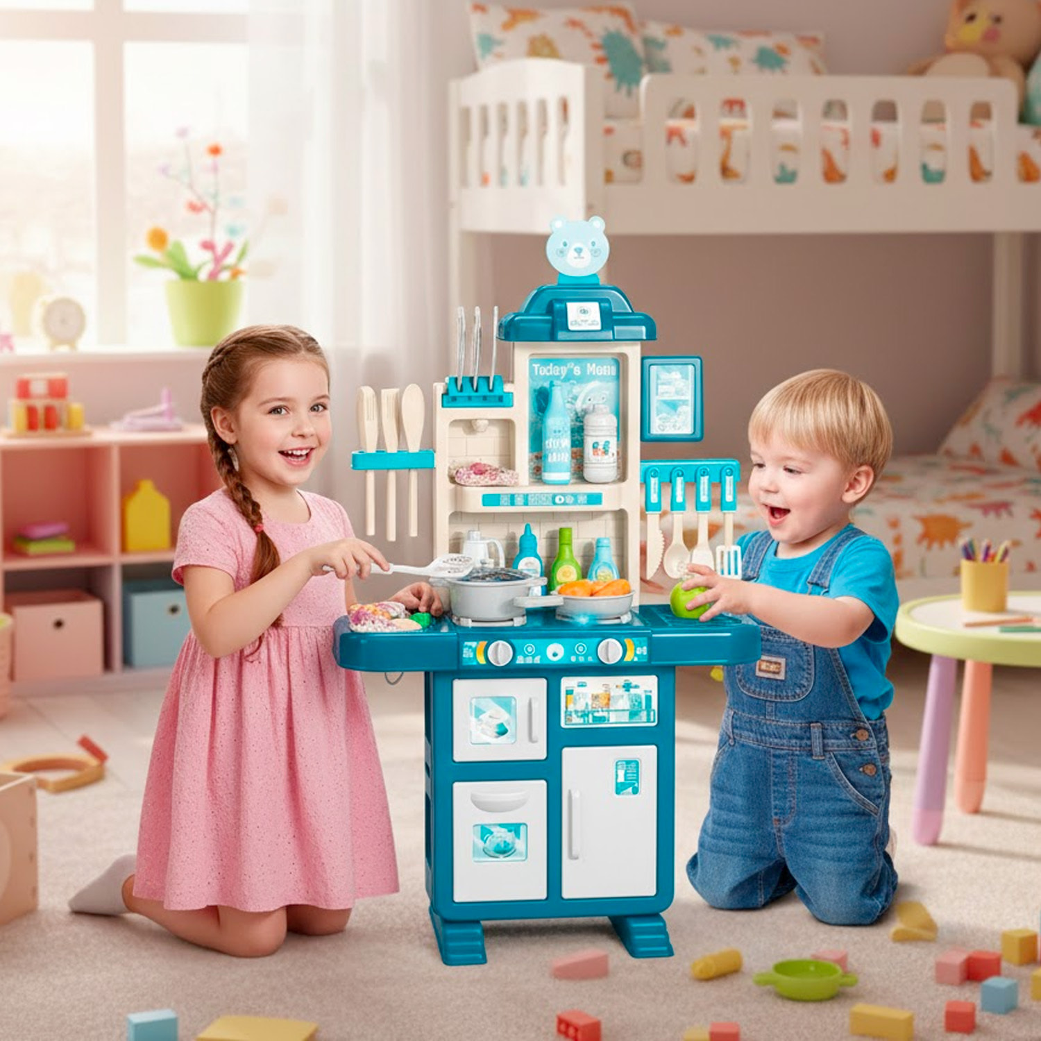 Cucina Giocattolo Per Bambini Con Luci E Suoni Realistici 69 Accessori Rubinetto Con Sistema Di Riciclo Dell'Acqua E Fornelli 3-5 Anni Blu e Bianco