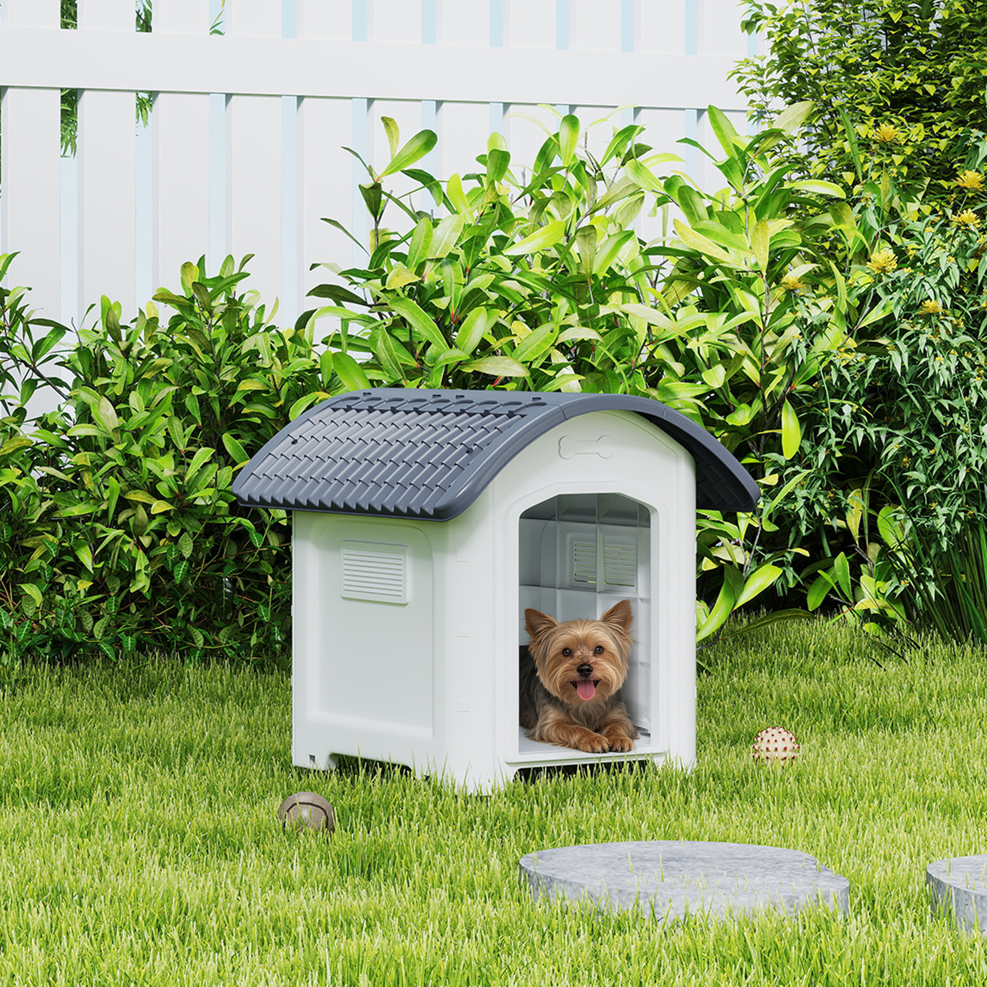 Niche chien plastique design bicolore gris blanc toit cintré 71 x 60 x 63 cm