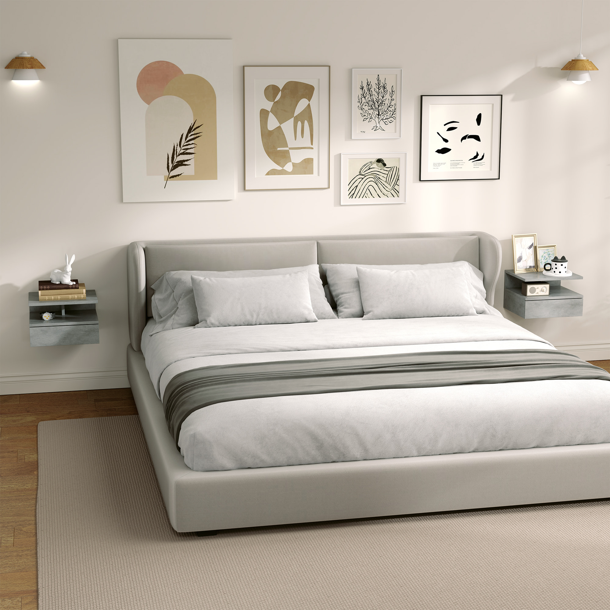 Lot de 2 tables de chevet murales - lot de 2 tables de nuit - tiroir coulissant, niche et plateau - gris ciment