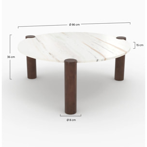 Table basse ronde en marbre et bois de manguier D86 cm - Pauline