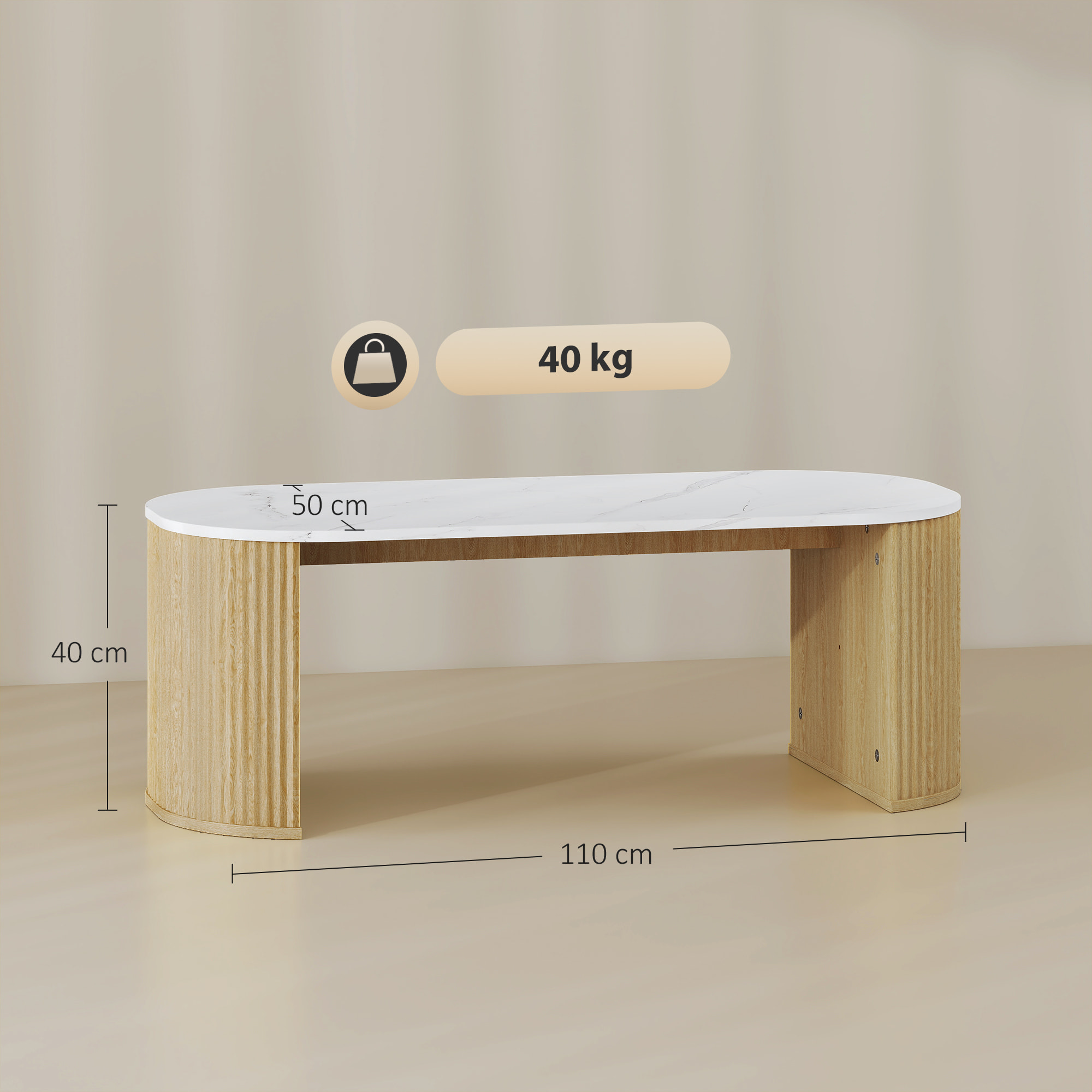 Table basse design ovale effet marbre blanc dim. 110 x 50 x 40 cm aspect bois clair