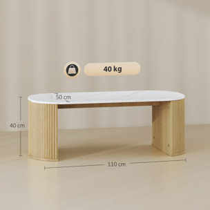 Table basse design ovale effet marbre blanc dim. 110 x 50 x 40 cm aspect bois clair