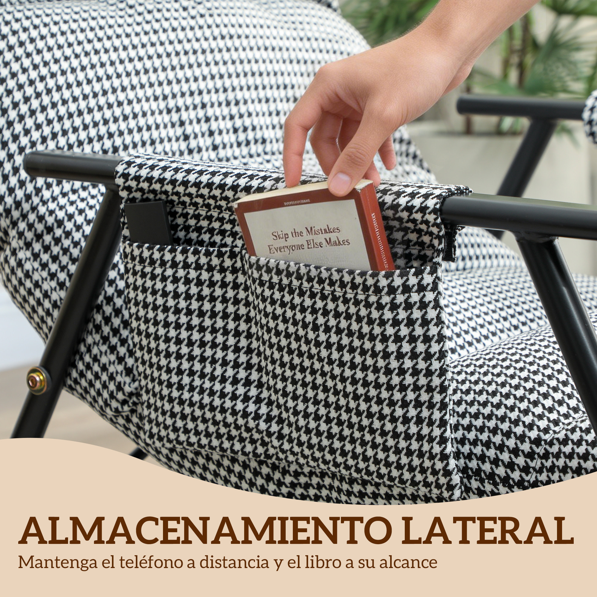 Silla Mecedora con Respaldo y Reposapiés Ajustables, Mecedora Sillón Balancín 105°, Tapizada en Lino, con Bolsillo Lateral y Marco de Metal, Carga 120 kg, para Dormitorio, Salón, Negro y Blanco