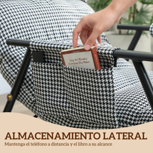 Silla Mecedora con Respaldo y Reposapiés Ajustables, Mecedora Sillón Balancín 105°, Tapizada en Lino, con Bolsillo Lateral y Marco de Metal, Carga 120 kg, para Dormitorio, Salón, Negro y Blanco