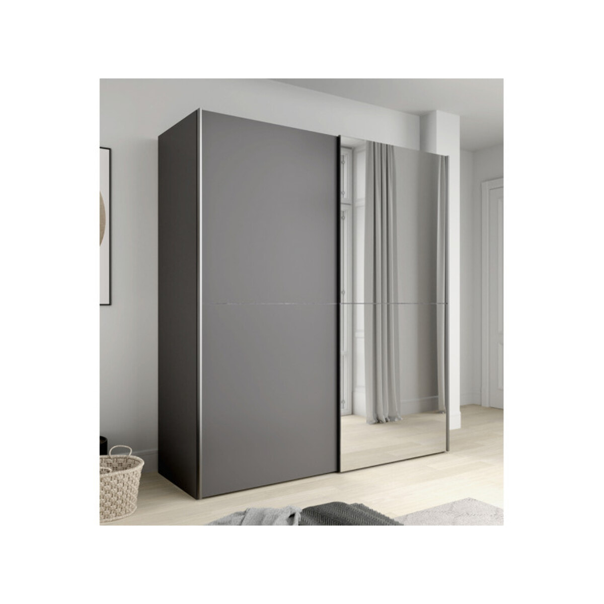 Dressing Armoire 2 portes coulissantes 5 tablettes et 1 miroir - 6 coloris - THAIS