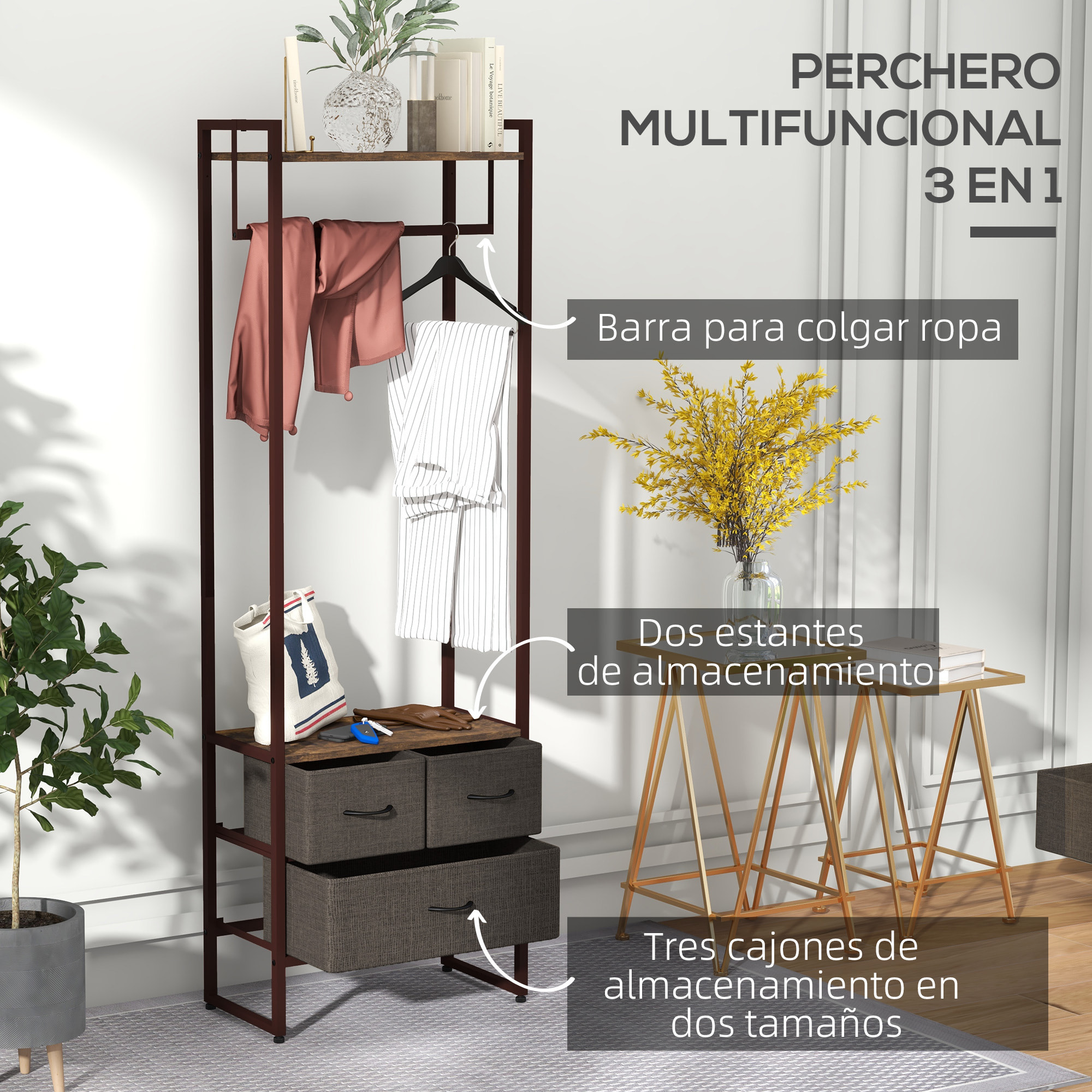 Perchero para Ropa Perchero Recibidor con 3 Cajones de Tela Barra para Colgar y Estante de Almacenamiento para Pasillo Dormitorio Sala de Estar 58,5x30x178 cm Marrón Rústico