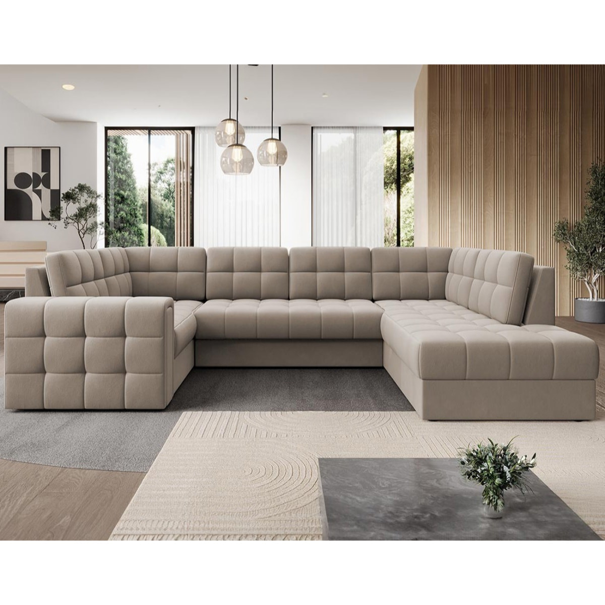 Nappa - Canapé panoramique d'angle gauche 7 places convertible avec coffre en velours - Beige