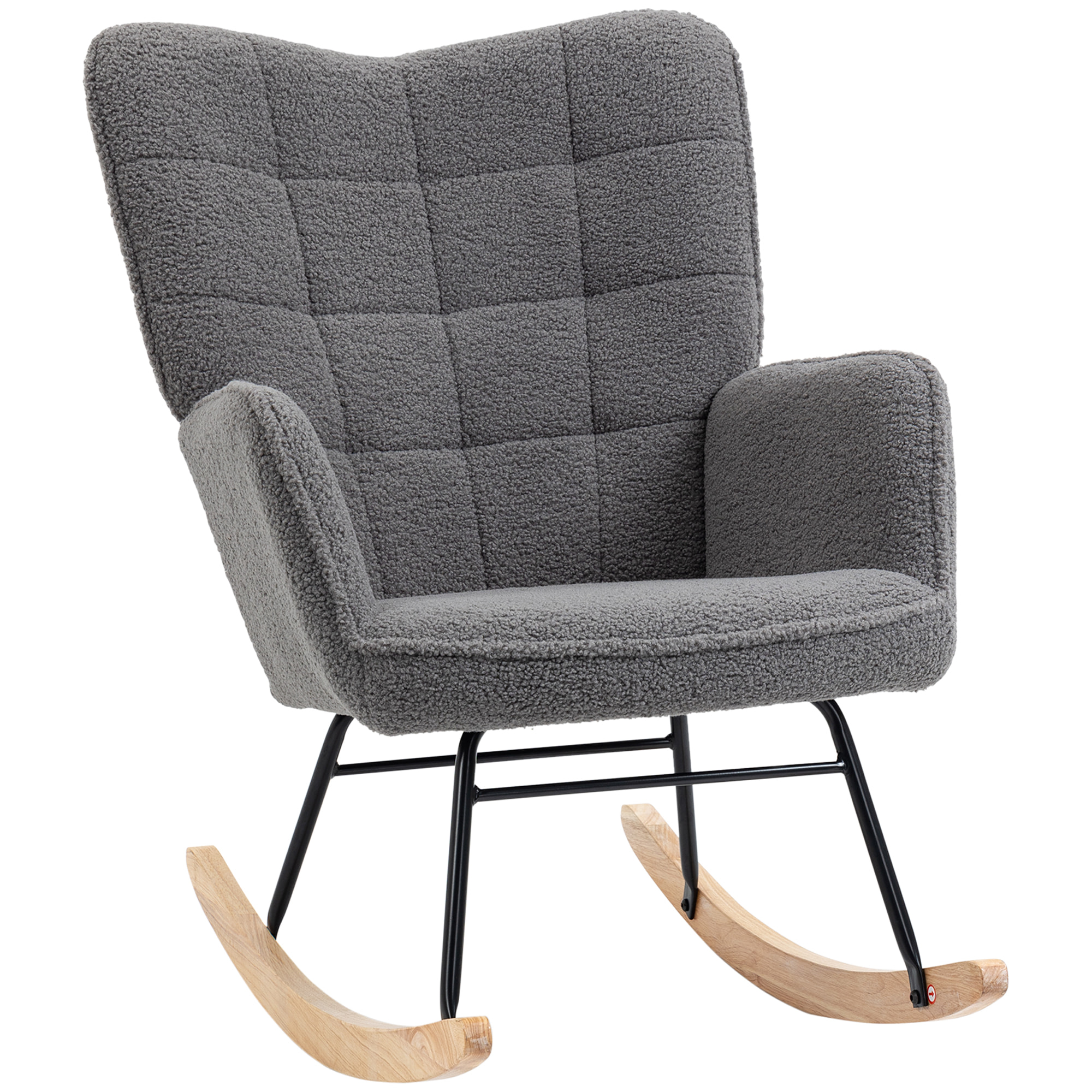 Fauteuil à bascule rocking chair design - structure acier piètement bois tissu effet laine bouclé anthracite