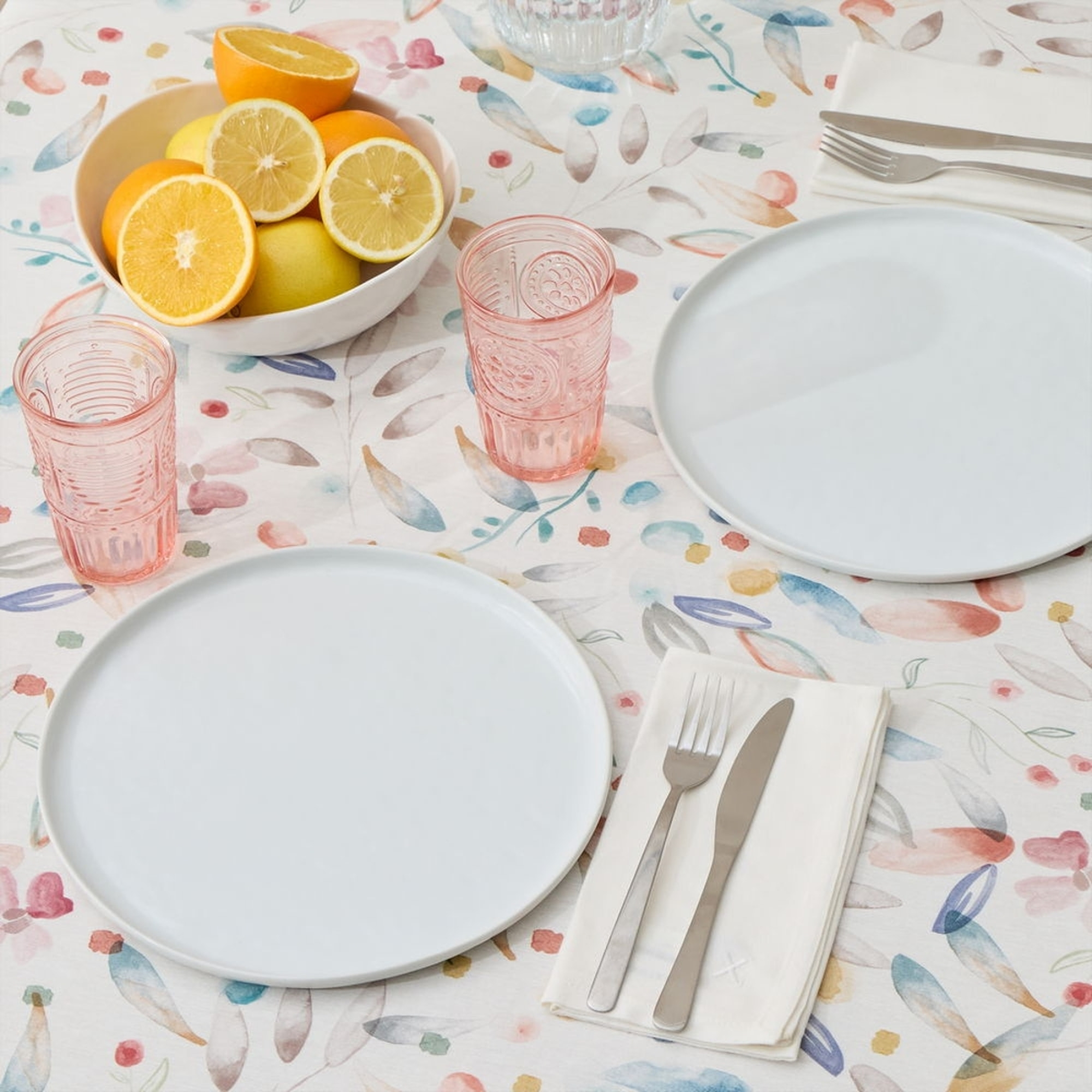 Mantel antimanchas resinado hojas y flores Danila color agua marina 100% Algodón