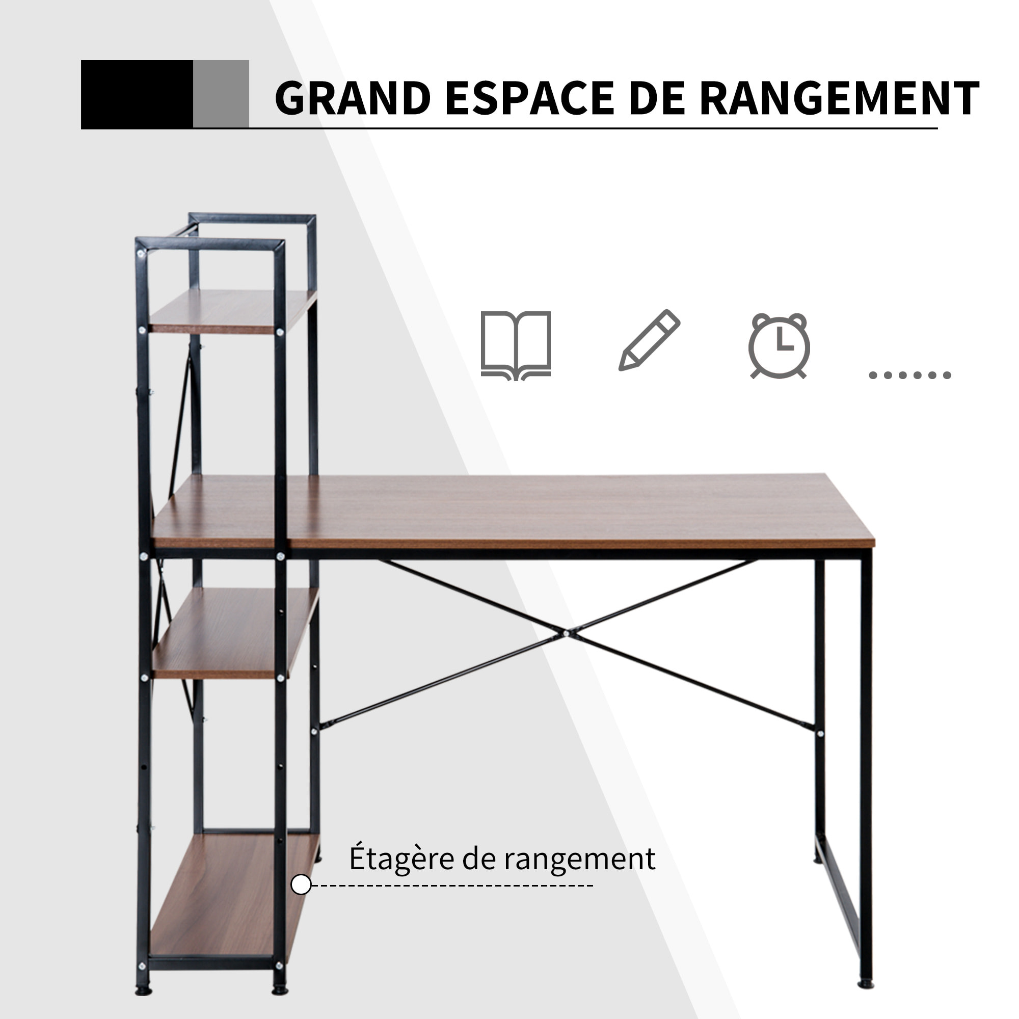 Bureau informatique design industriel avec bibliothèque 3 étagères panneaux particules aspect noyer métal noir