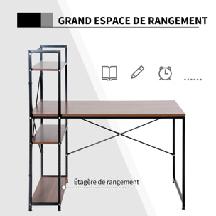 Bureau informatique design industriel avec bibliothèque 3 étagères panneaux particules aspect noyer métal noir