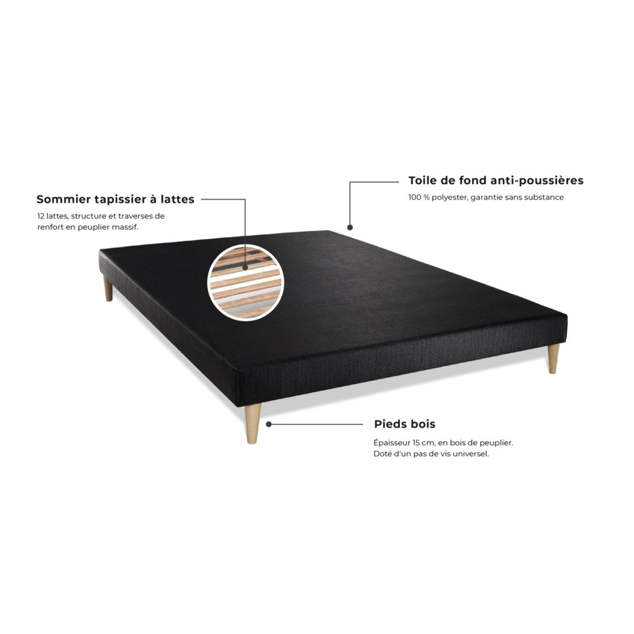 Ensemble Matelas Sommier 140x190 cm - Sommier Noir (déjà monté) - Form