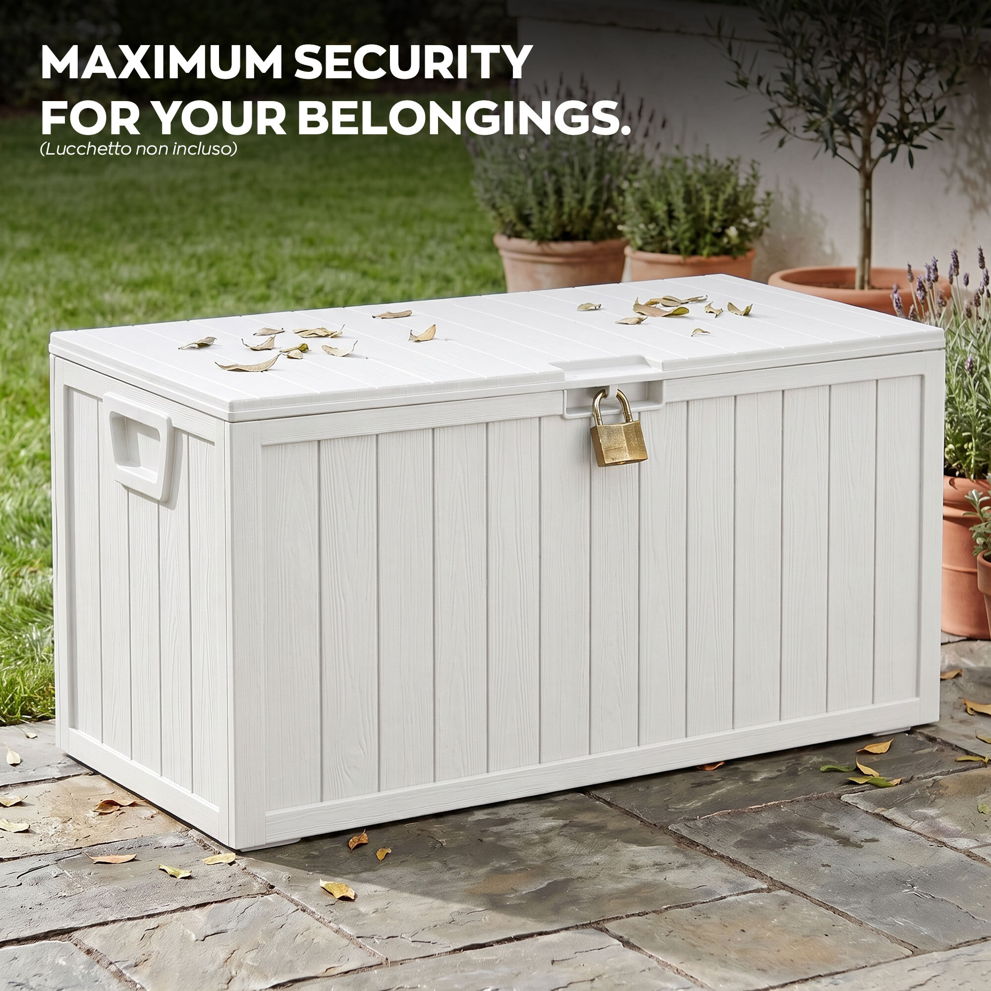 Neo 75 - Baule Portaoggetti da Giardino 110x46x53 cm 285 lt Contenitore Lucchettabile in Resina Bianco
