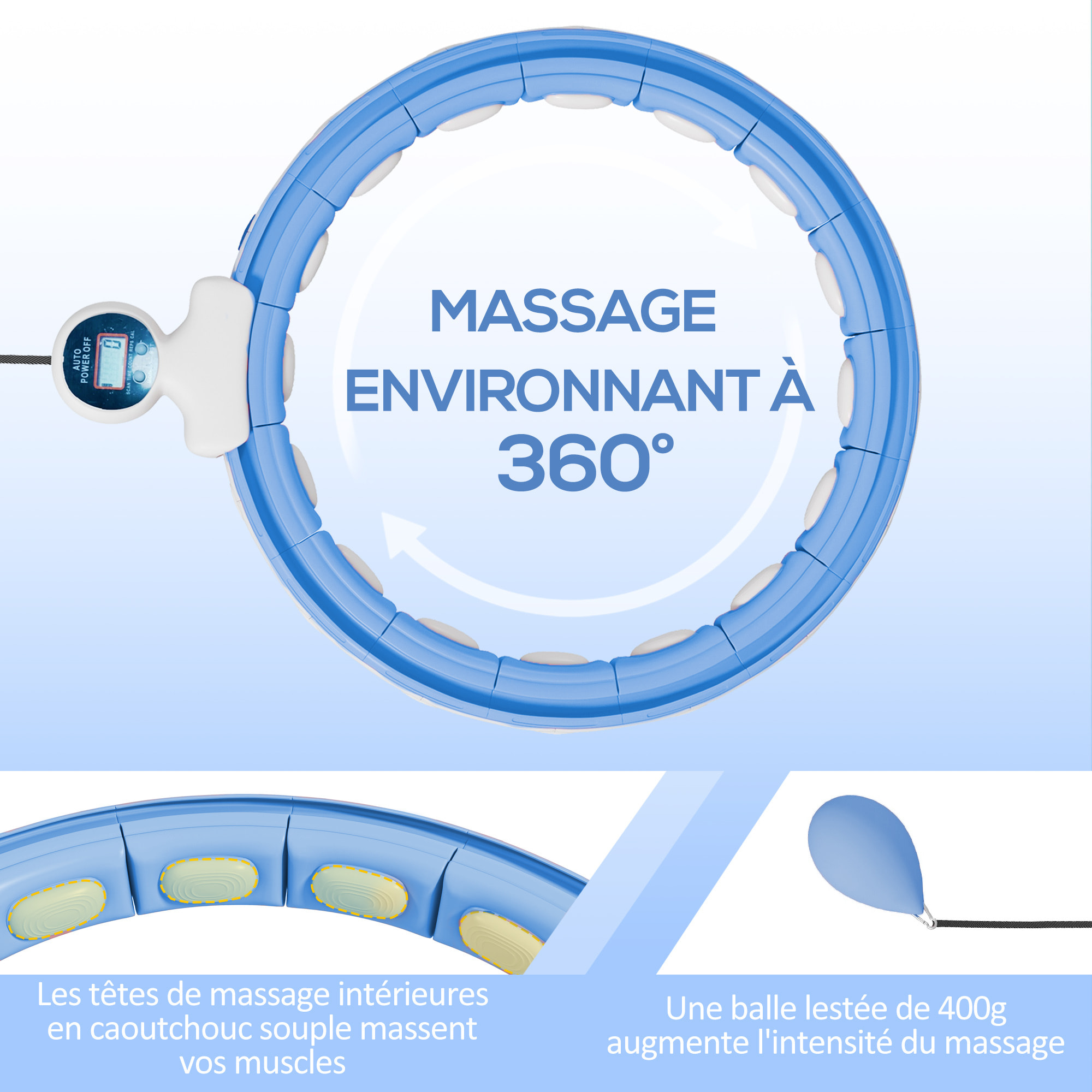 Hula Hoop fitness réglable dia. 76-113 cm - picots massage intégrés, segments amovibles - blanc bleu