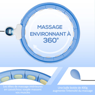 Hula Hoop fitness réglable dia. 76-113 cm - picots massage intégrés, segments amovibles - blanc bleu