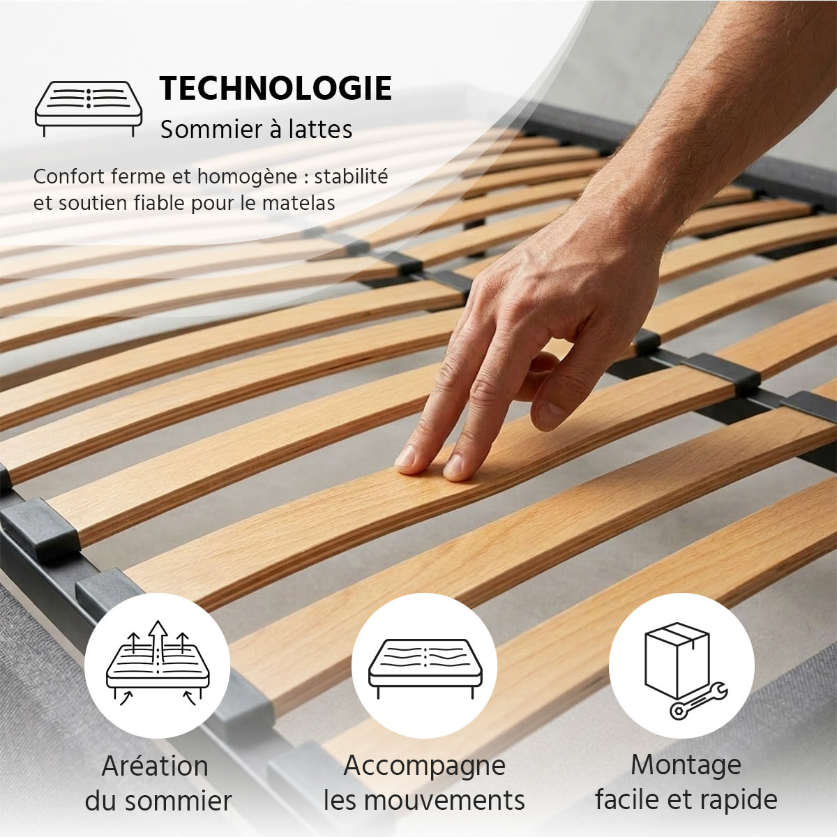 Sommier Kit15 Technologie Tri-Lattes, Bois Épicéa, H30 cm, Lattes Actives, Aération Optimale