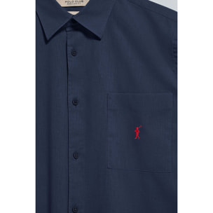 Camicia blu marino a maniche corte in lino-cotone con ricamo Rigby Go
