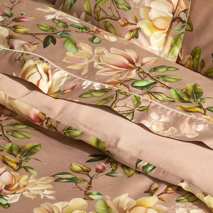 Drap plat satin de coton imprimé rose Magnolias rose fume