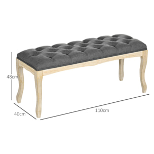 Banc banquette capitonnée style classique chic dim. 110L x 38l x 49H cm piètement bois hévéa sculpté lin gris