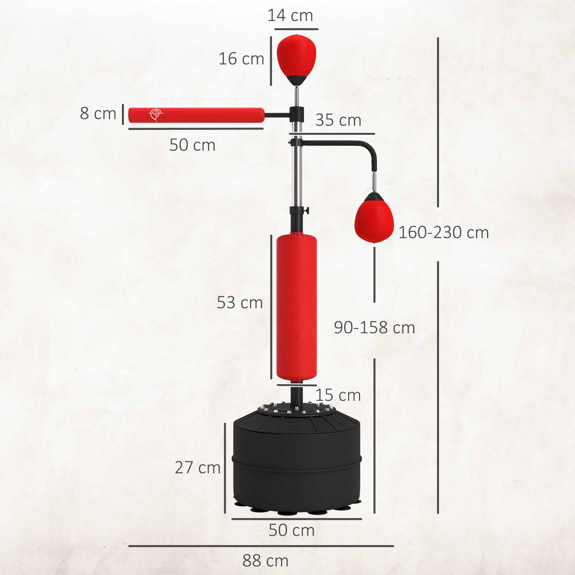 Sac de frappe boxe autoportant punching ball brunier 3 en 1 revêtement synthétique dim. 88L x 50l x 160-230H cm rouge
