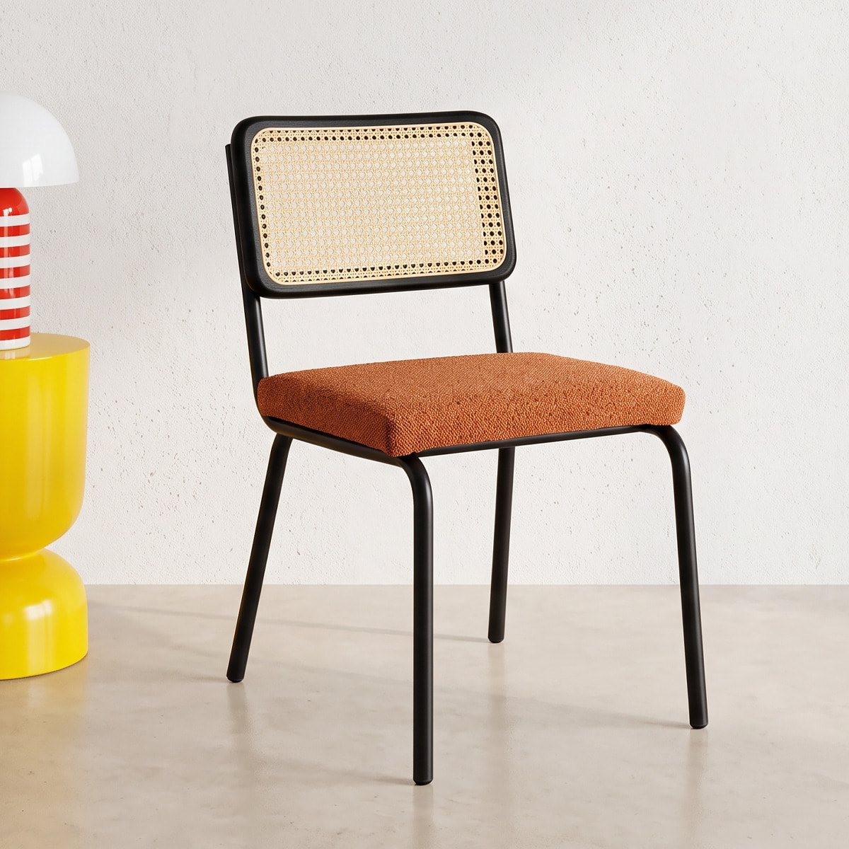 Lot de 2 chaises noires, cannage et tissu bouclé - PAULA