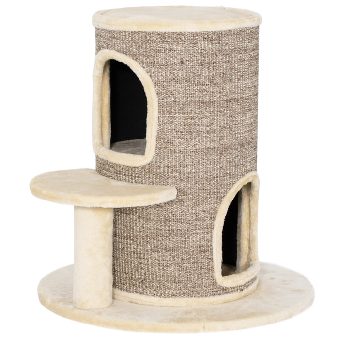 Arbre à chat cylindrique - tour à griffer pour chat H.61cm - tonneau griffoir - 2 niveaux + plateforme - sisal peluche beige