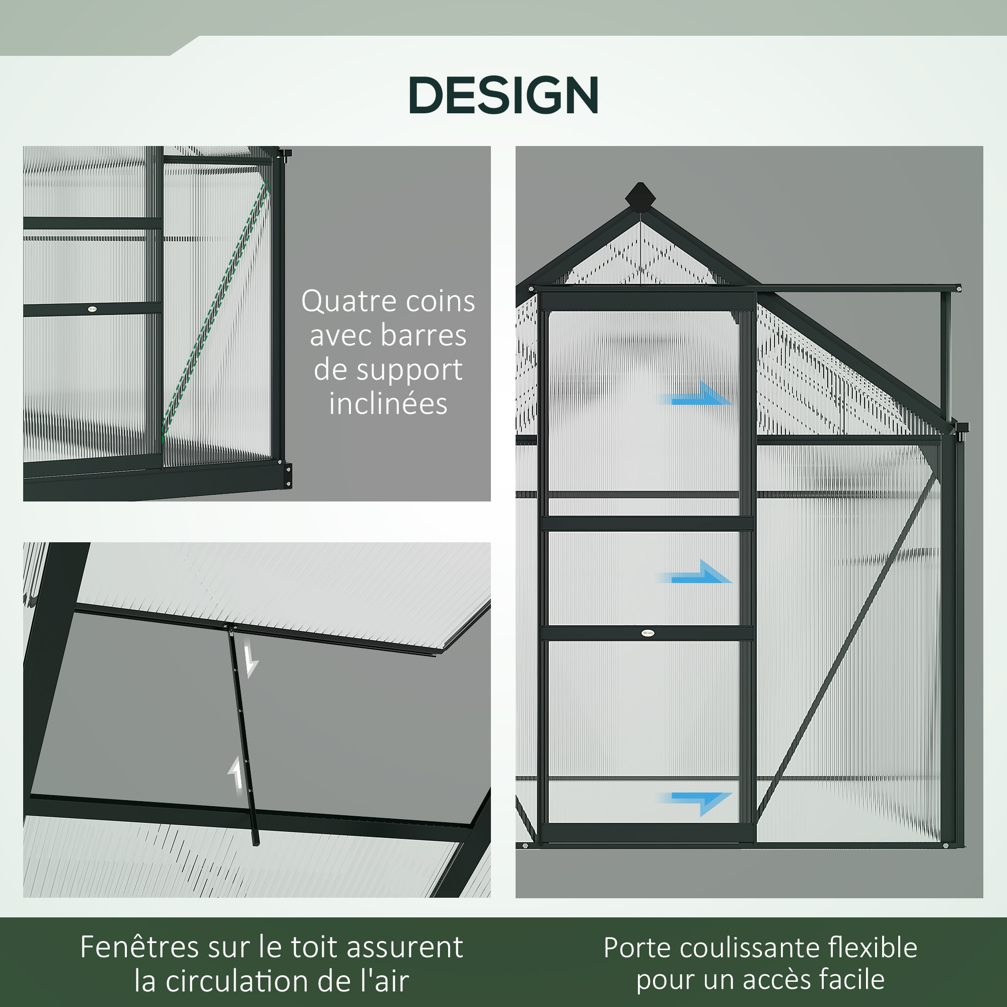 Serre de jardin aluminium polycarbonate 3,65 m² dim. 1,9L x 1,92l x 2,01H m lucarne, porte coulissante + fondation incluse alu. gris polycarbonate transparent