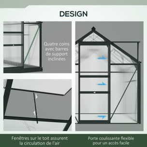 Serre de jardin aluminium polycarbonate 3,65 m² dim. 1,9L x 1,92l x 2,01H m lucarne, porte coulissante + fondation incluse alu. gris polycarbonate transparent