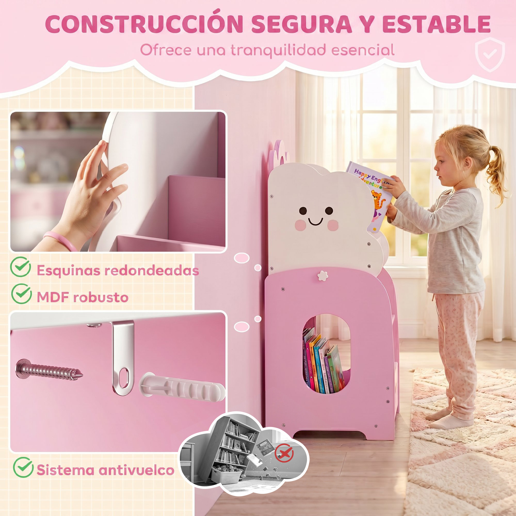 Estantería Infantil para Juguetes 3 en 1, Organizador de Juguetes con Librería, Revistero y Mesita de Noche, para Niños 3-8 Años, para Dormitorio, Sala de Juegos, 85,5x32x72 cm, Rosa