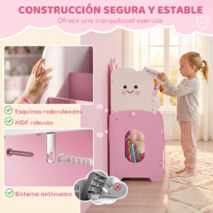 Estantería Infantil para Juguetes 3 en 1, Organizador de Juguetes con Librería, Revistero y Mesita de Noche, para Niños 3-8 Años, para Dormitorio, Sala de Juegos, 85,5x32x72 cm, Rosa