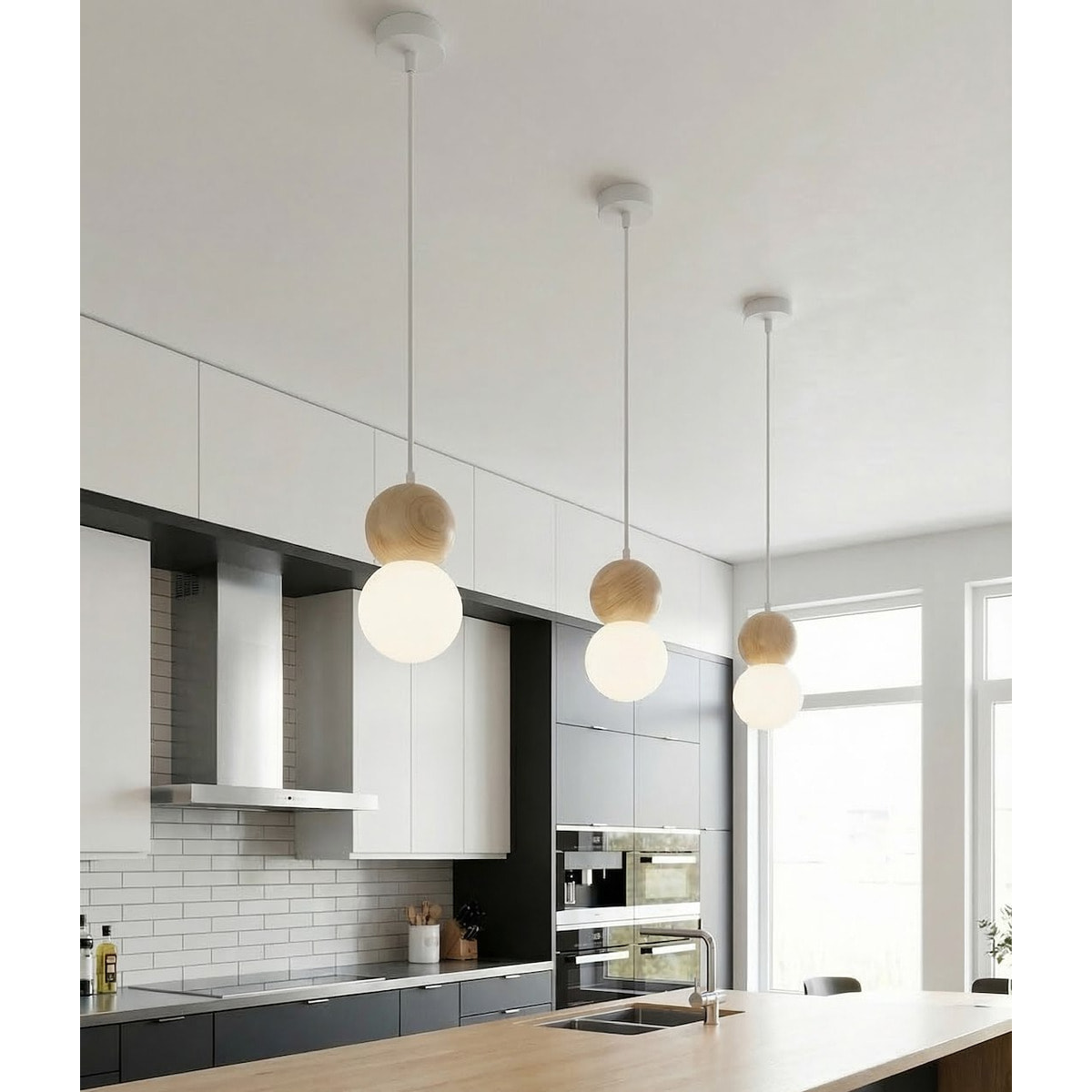 Lampada a sospensione LOOP in acciaio bianco opaco e legno