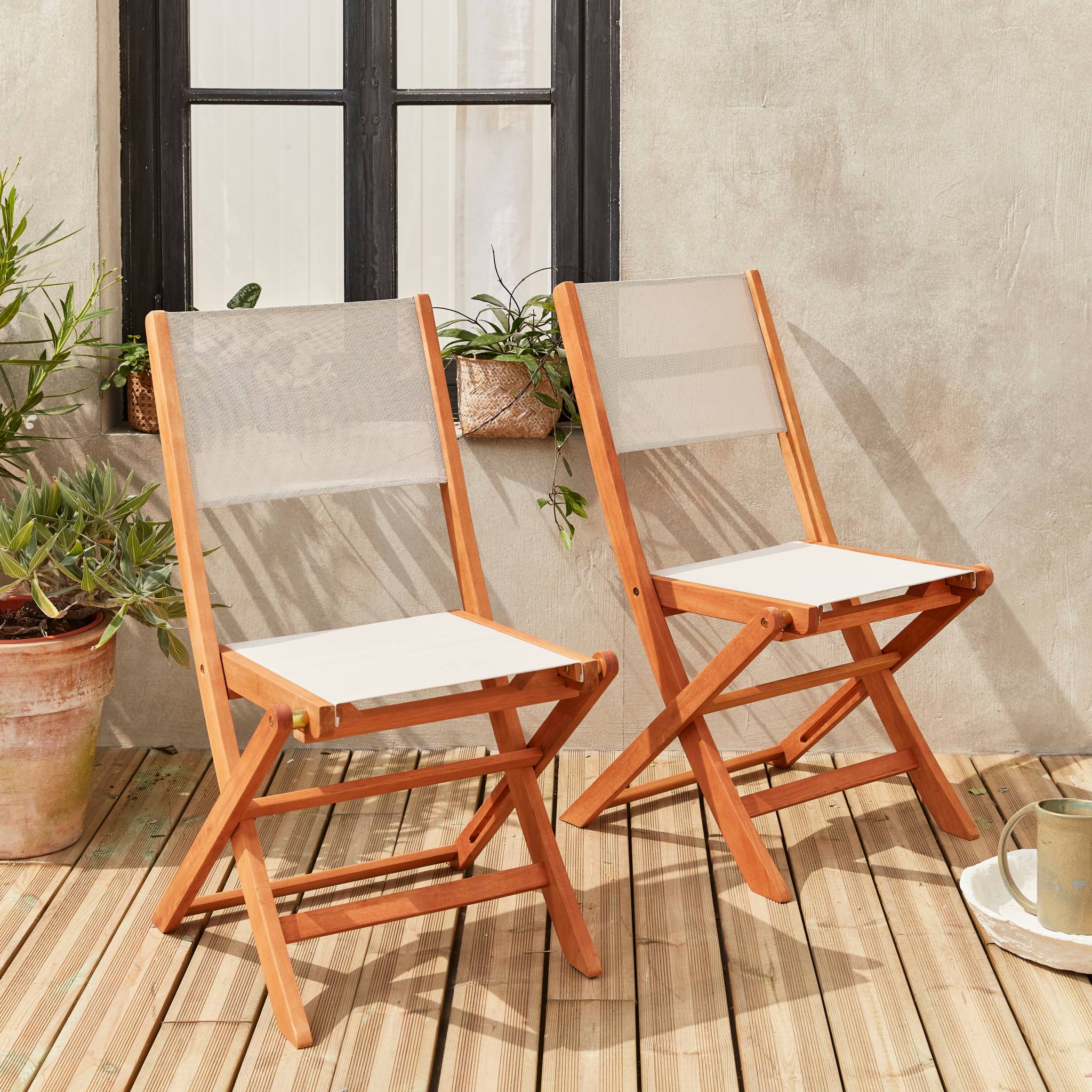 Chaises de jardin en bois et textilène - Almeria blanc - 2 chaises pliantes en bois d'Eucalyptus huilé et textilène