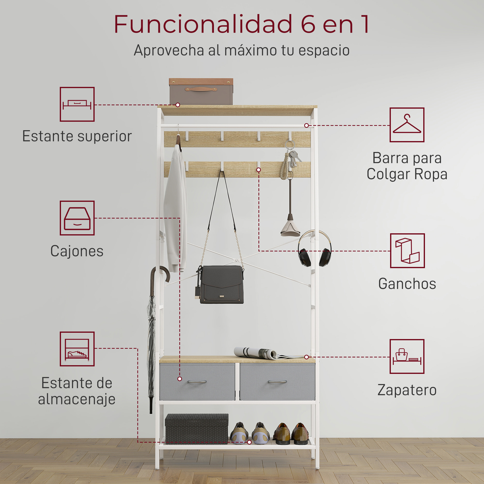 Perchero Zapatero Perchero Entrada Recibidor con Zapatero 8 Ganchos 2 Cajones de Tela Barra Estante de Malla Estilo Industrial para Pasillo Dormitorio Salón 80x30x180,5 cm Natural