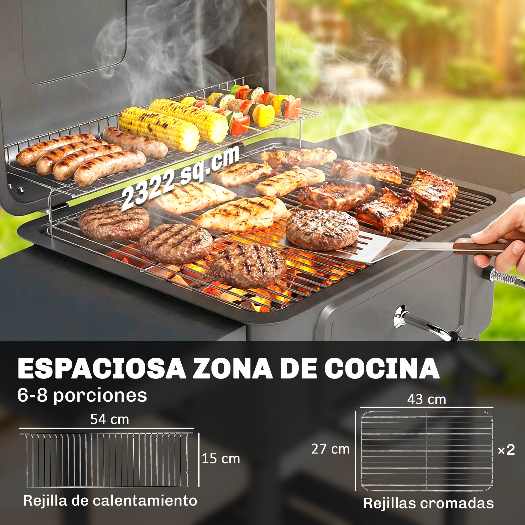 Barbacoa de Carbón Portátil, Barbacoa de Carbón con Bandeja y Ventilación Ajustable, Gran Parrilla, Estantes Laterales, Termómetro, Tapa, Chimenea, Cajón de Cenizas, Ruedas, Puerta, Negro