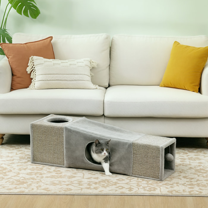 Tunnel grattoir niche modulable pour chat 3 en 1 - jeu balle suspendue - 4 entrées - peluche sisal gris