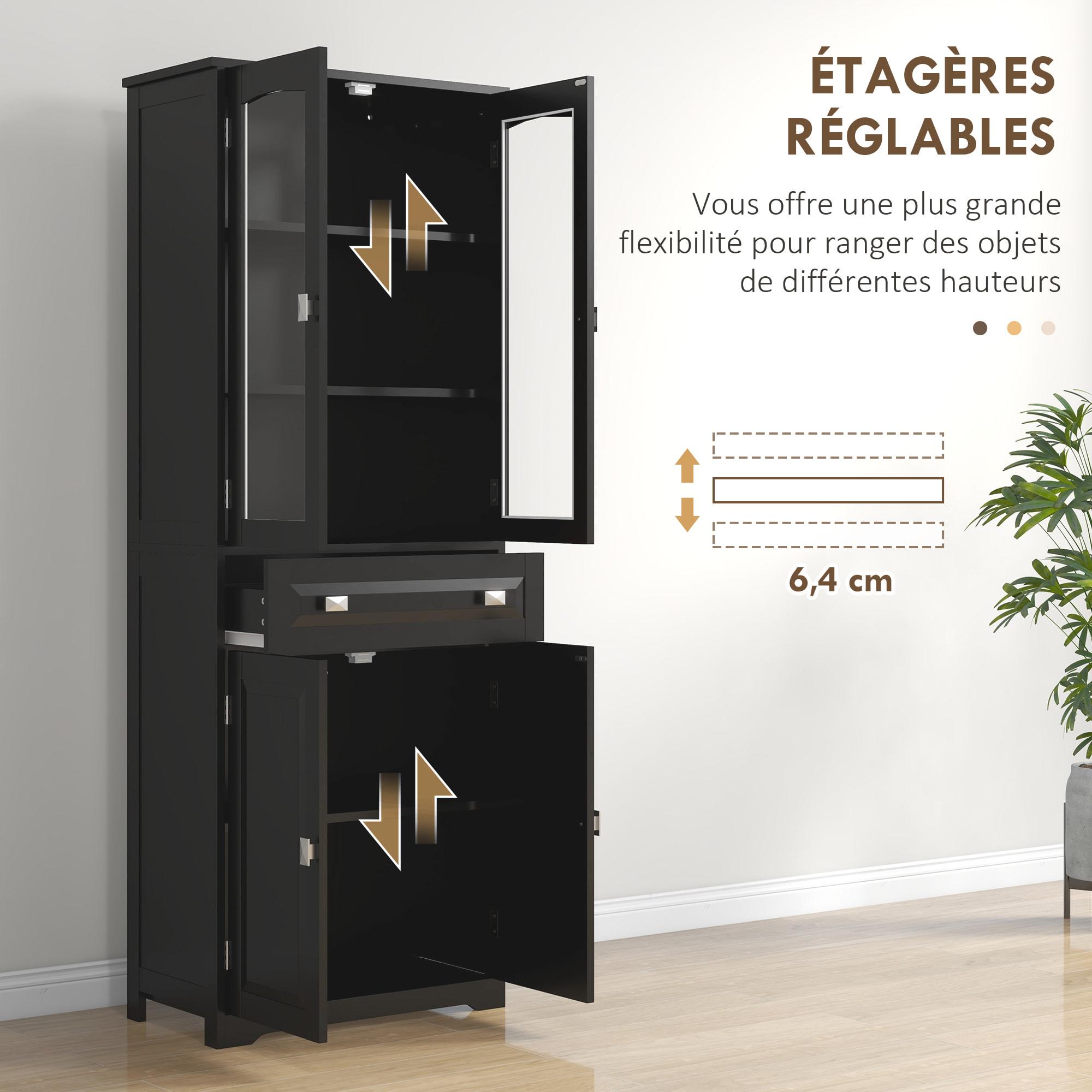 Armoire de cuisine buffet haut 4 portes 3 étagères tiroir verre trempé panneaux MDF noir