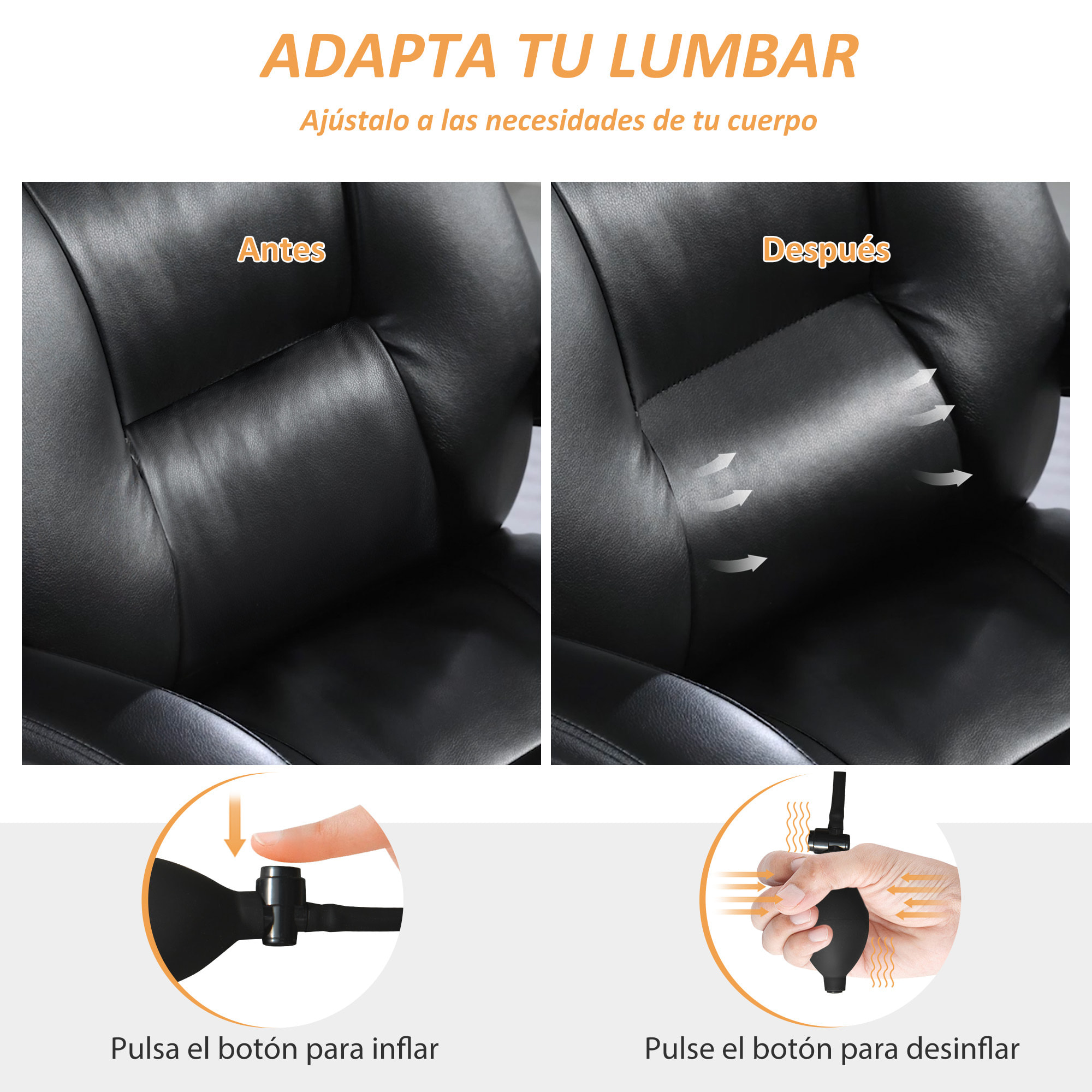 Silla de Escritorio con Soporte Lumbar Inflable, Tapizada en PU, Silla de Oficina Giratoria con Reposapiés, Respaldo Reclinable, Respaldo Alto, Altura Ajustable, Negro