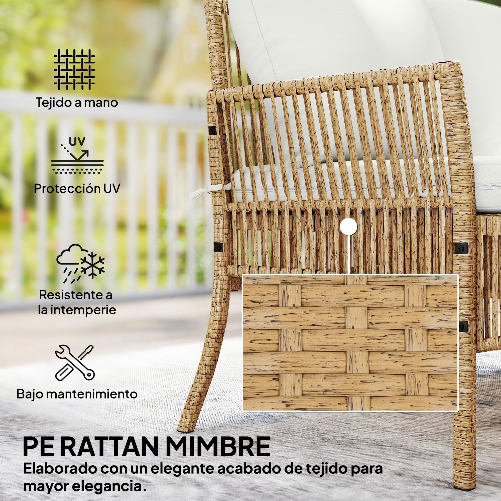 Conjunto de Jardín de Ratán de 3 Piezas, Muebles Jardín Exterior Incluye 1 Sofá de 2 Plazas, 1 Sofá Esquinera, 1 Mesa de Centro con Tablero de Vidrio Templado, Cojines, Resistente, Crema