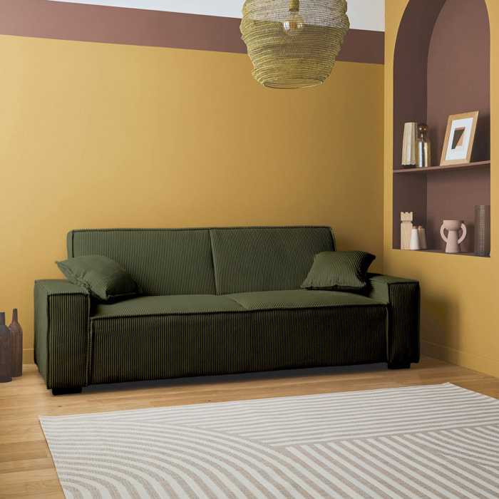 Canapé convertible 3 places kaki velours côtelé L 231 x P 96.5 x H 80cm
