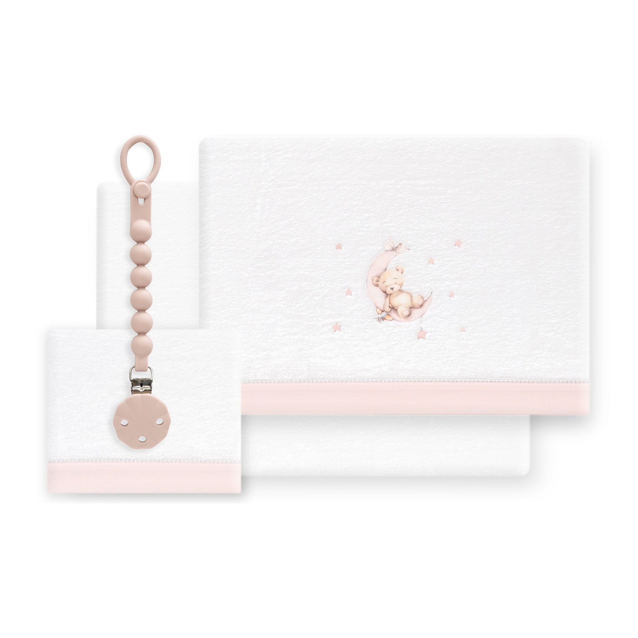 Triptico Cuna Coralina Estampado Oso Luna Estrellas + Broche Bco/Rosa