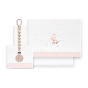 Triptico Cuna Coralina Estampado Oso Luna Estrellas + Broche Bco/Rosa
