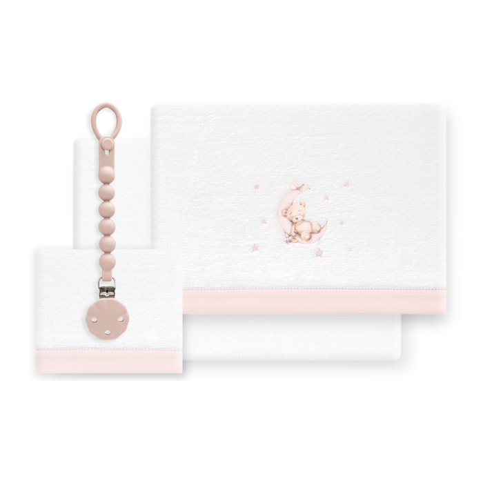 Triptico Cuna Coralina Estampado Oso Luna Estrellas + Broche Bco/Rosa
